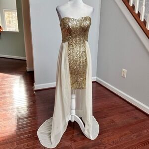 Vintage‎ 2000s Arden B High Low Sheer Strapless Gold Sequin Bodycon Dress XS